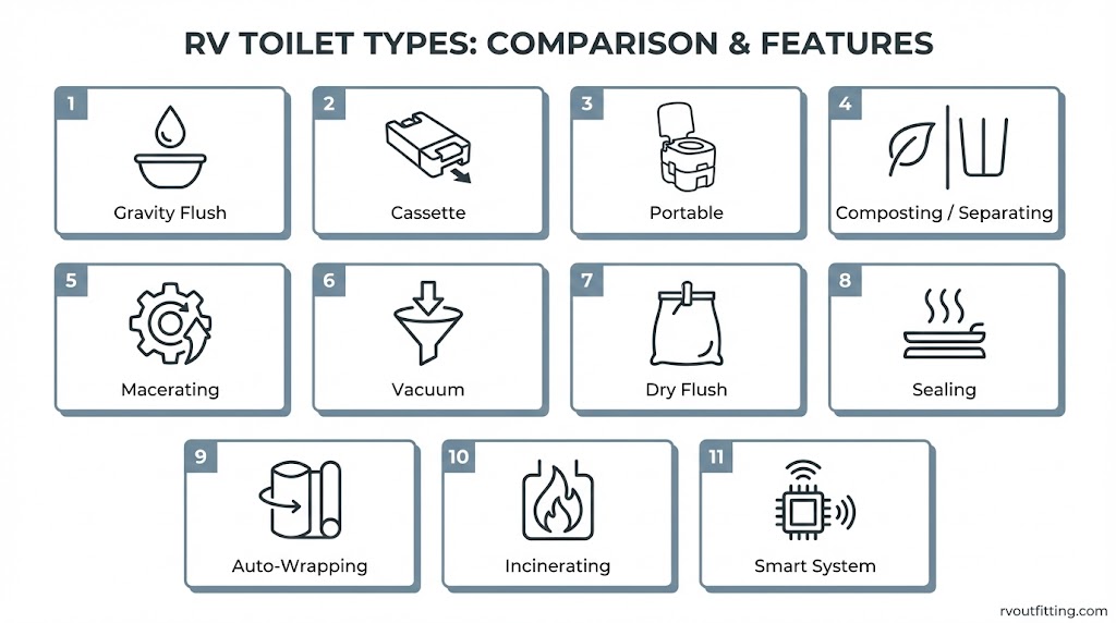 Comparison overview of RV toilet types including gravity, cassette, portable, composting, macerating, vacuum, dry flush, sealing, and incinerating 