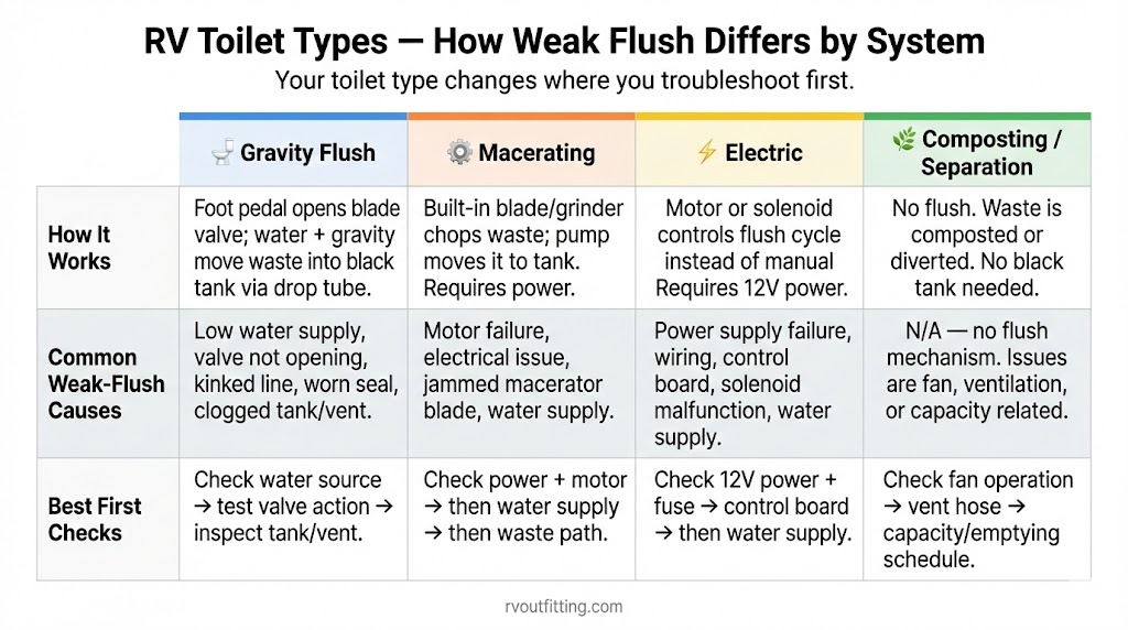 Comparison of RV toilet types: gravity vs macerating vs electric vs composting