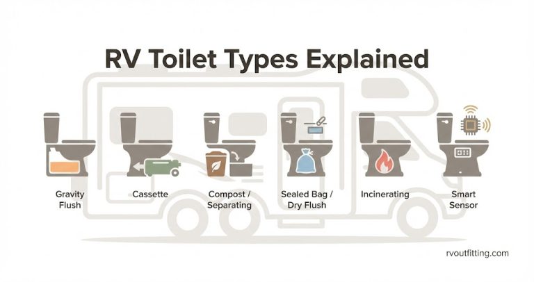 Guide to RV toilet types showing icons for gravity flush, cassette, composting, dry flush, sealing, and incinerating toilets with a decision framework