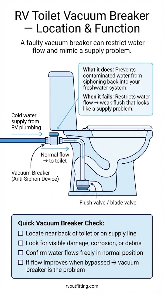 Diagram showing RV toilet vacuum breaker and why it affects flush strength