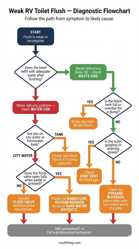 Flowchart diagnosing weak RV toilet flush: toilet vs tank vs vent
