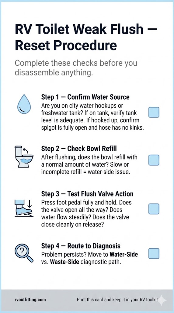 Reset checklist for fixing a weak RV toilet flush