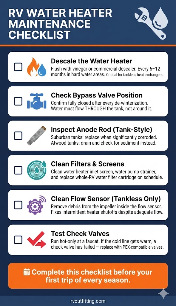 Infographic checklist for RV water heater maintenance including descaling, bypass valve check, anode rod inspection, and flow sensor cleaning