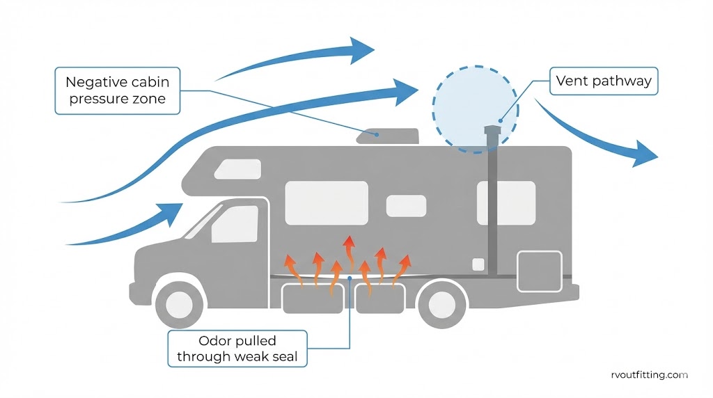 Concept graphic showing how driving airflow and negative cabin pressure can pull odors into an RV