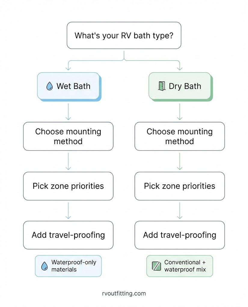 Flowchart for choosing storage ideas based on wet bath vs dry bath and travel style