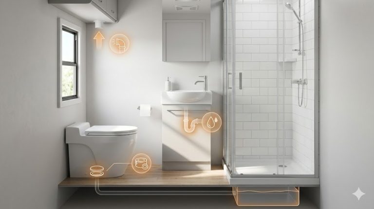 RV bathroom with visual indicators showing sewer smell sources including toilet seal, P-trap, roof vent pipe, and black tank — diagnosis and fix guide