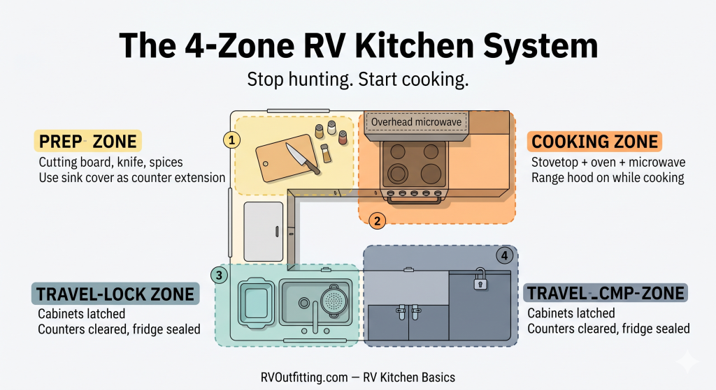 Infographic of the 4-Zone RV Kitchen System — prep, cooking, cleanup, travel-lock