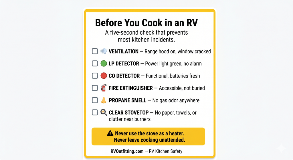 Safety checklist box: Before You Cook in an RV