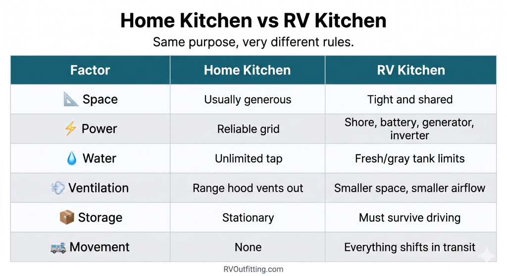 Comparison table showing differences between home kitchens and RV kitchens