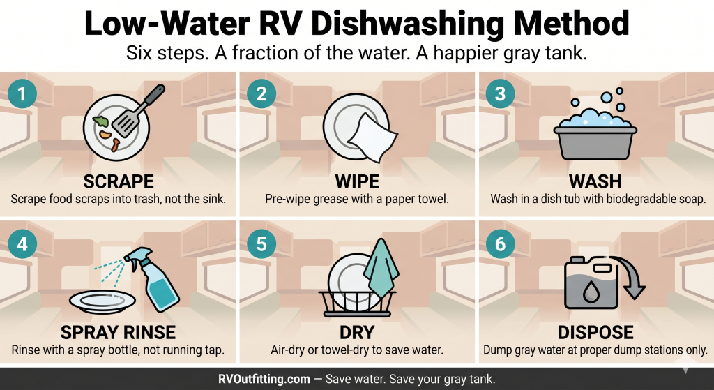 Step-by-step images of low-water RV dishwashing — scrape, wipe, wash, rinse, dry, dispose