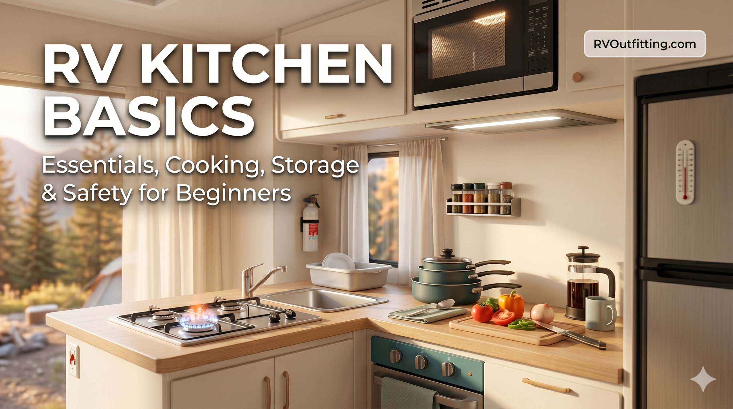 Modern RV kitchen interior showing propane stovetop, microwave, fridge, and organized storage for beginner RVers