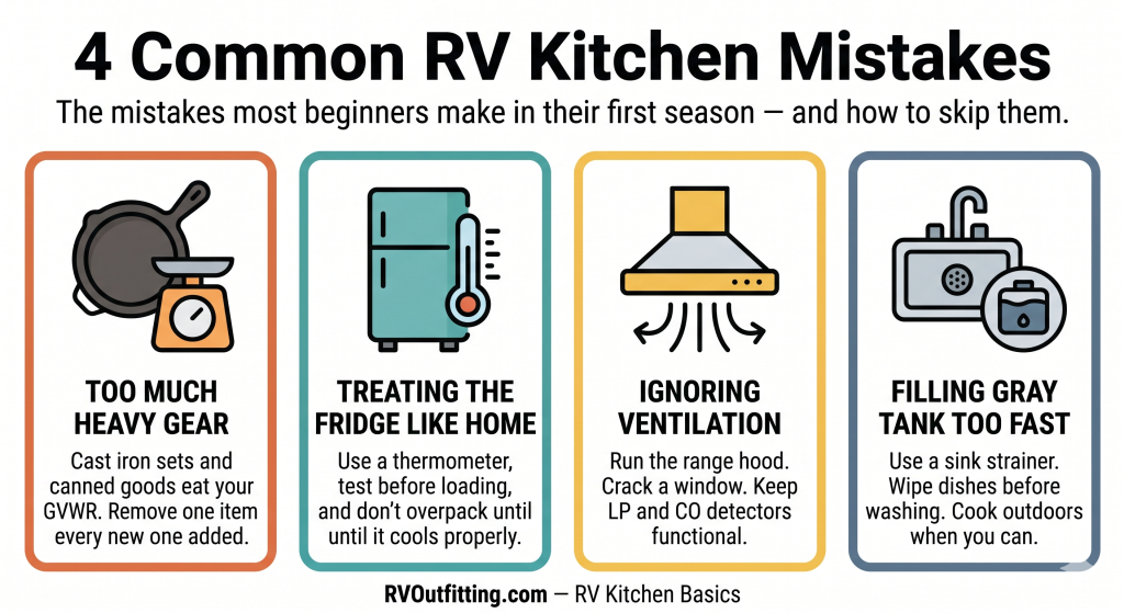 Beginner Mistakes callout cards highlighting payload, fridge habits, ventilation, and gray tank fill