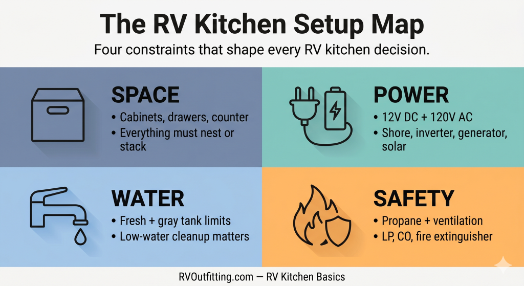 RV Kitchen Setup Map showing the four constraints of space, power, water, and safety