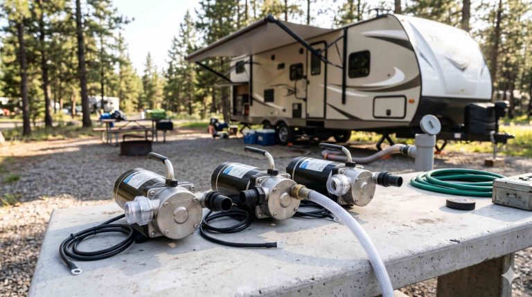 Row of 12-volt RV macerator pumps on a workbench with a parked travel trailer at a campsite in the background