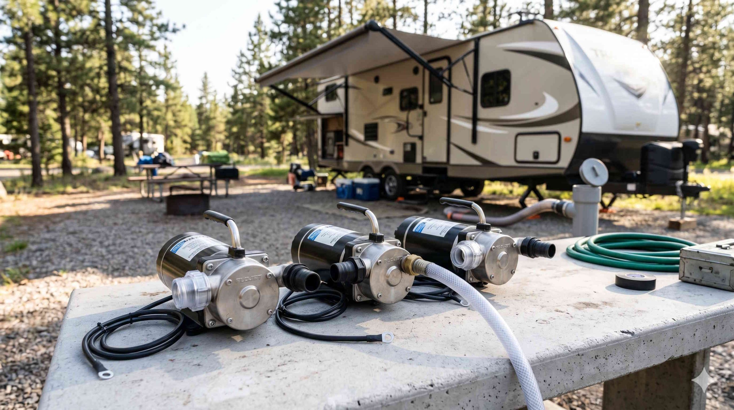Row of 12-volt RV macerator pumps on a workbench with a parked travel trailer at a campsite in the background