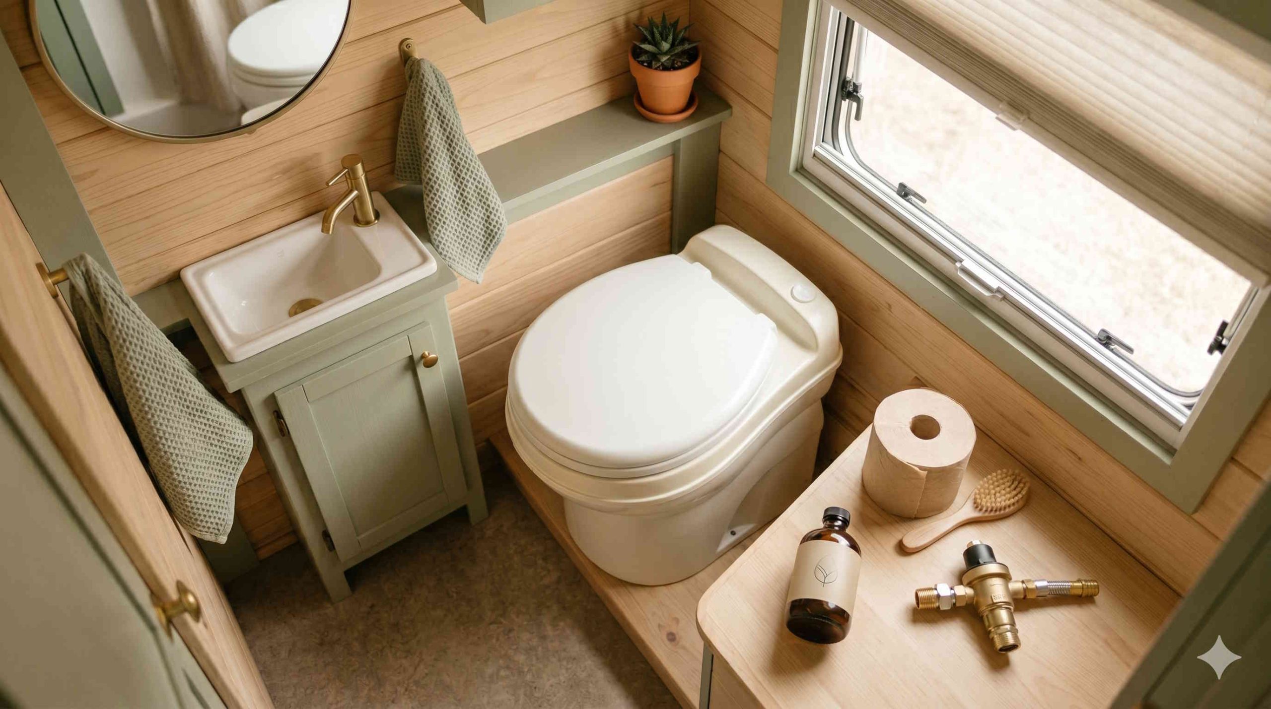 Best RV toilets lineup in a compact RV bathroom — gravity, portable, and composting picks