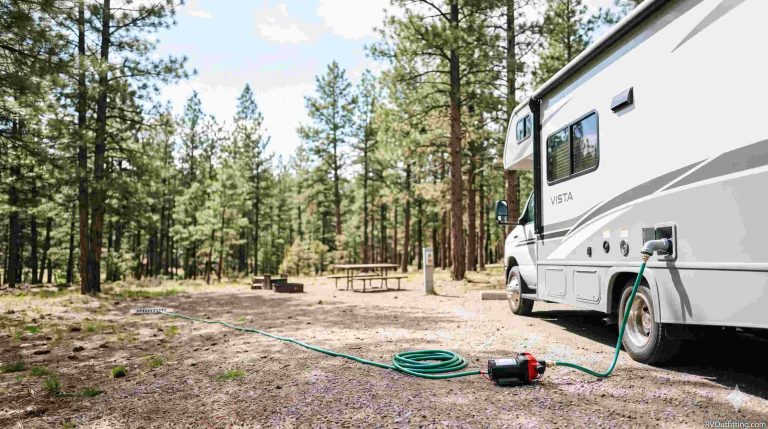 Feature image showing an RV macerator pump connected to a sewer outlet in a realistic campsite setting