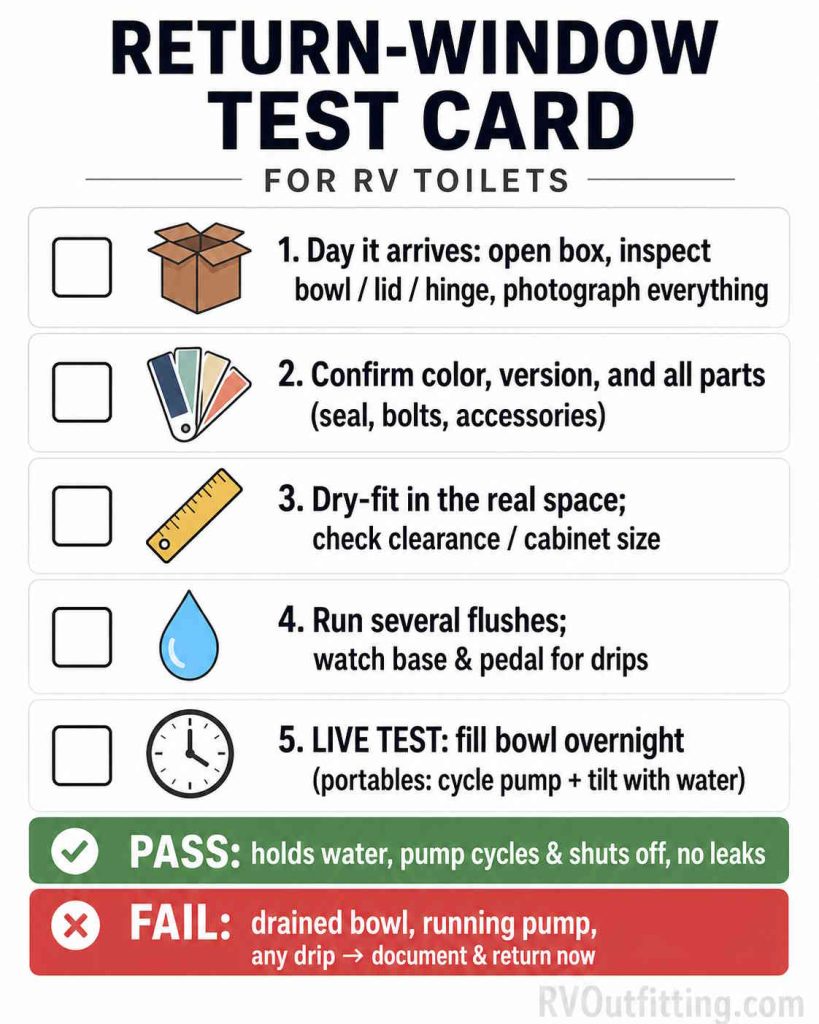 Printable return-window test card for validating an RV toilet quickly and confidently