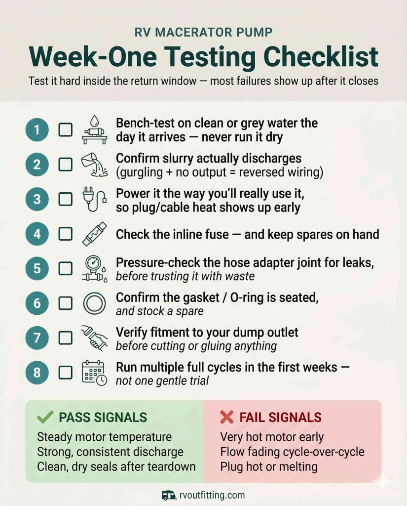 Infographic checklist for testing a new RV macerator pump in the first week, with eight numbered steps and pass-fail signals