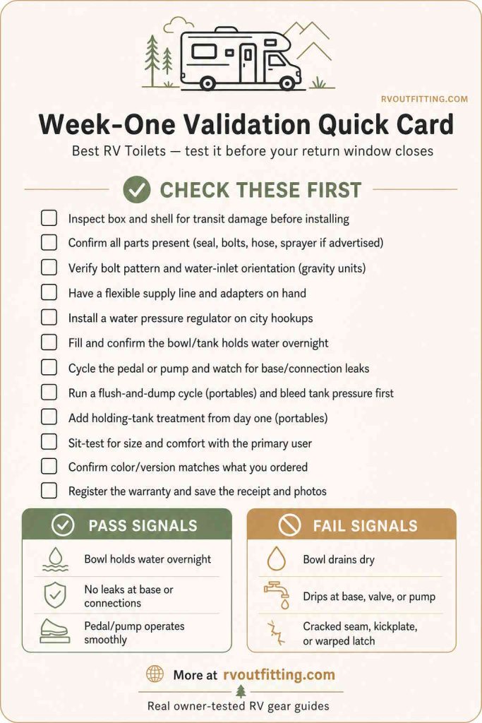 RV toilet week-one validation checklist with pass and fail signals — rvoutfitting.com